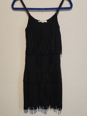 Peep Toe Black Tiered Fringe Mini Dress Spaghetti Strap Flapper S
